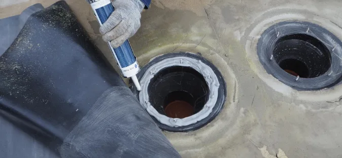 Монтаж мембраны ЭПДМ в декоративном водоёме - фото